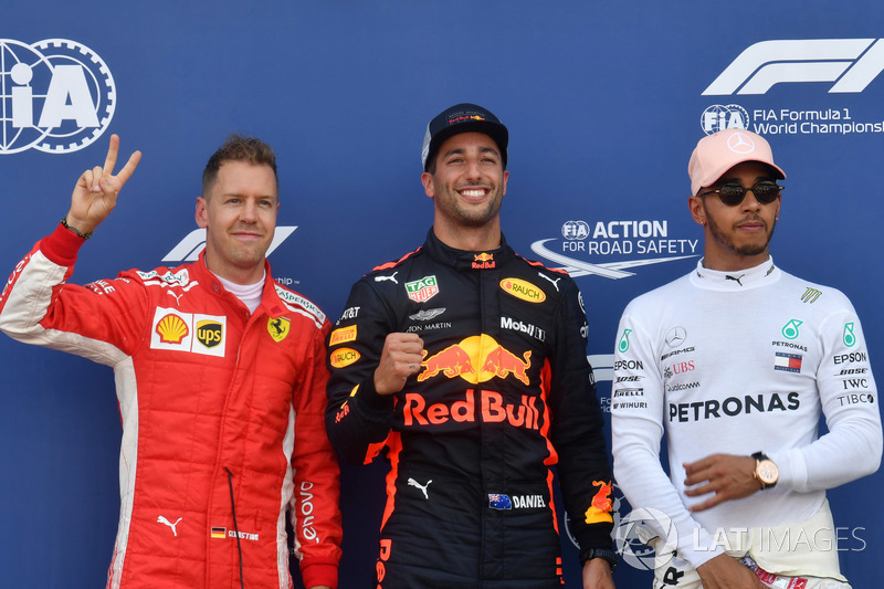Sebastian Vettel, Ferrari, Daniel Ricciardo, Red Bull Racing, dan Lewis Hamilton, Mercedes-AMG F1