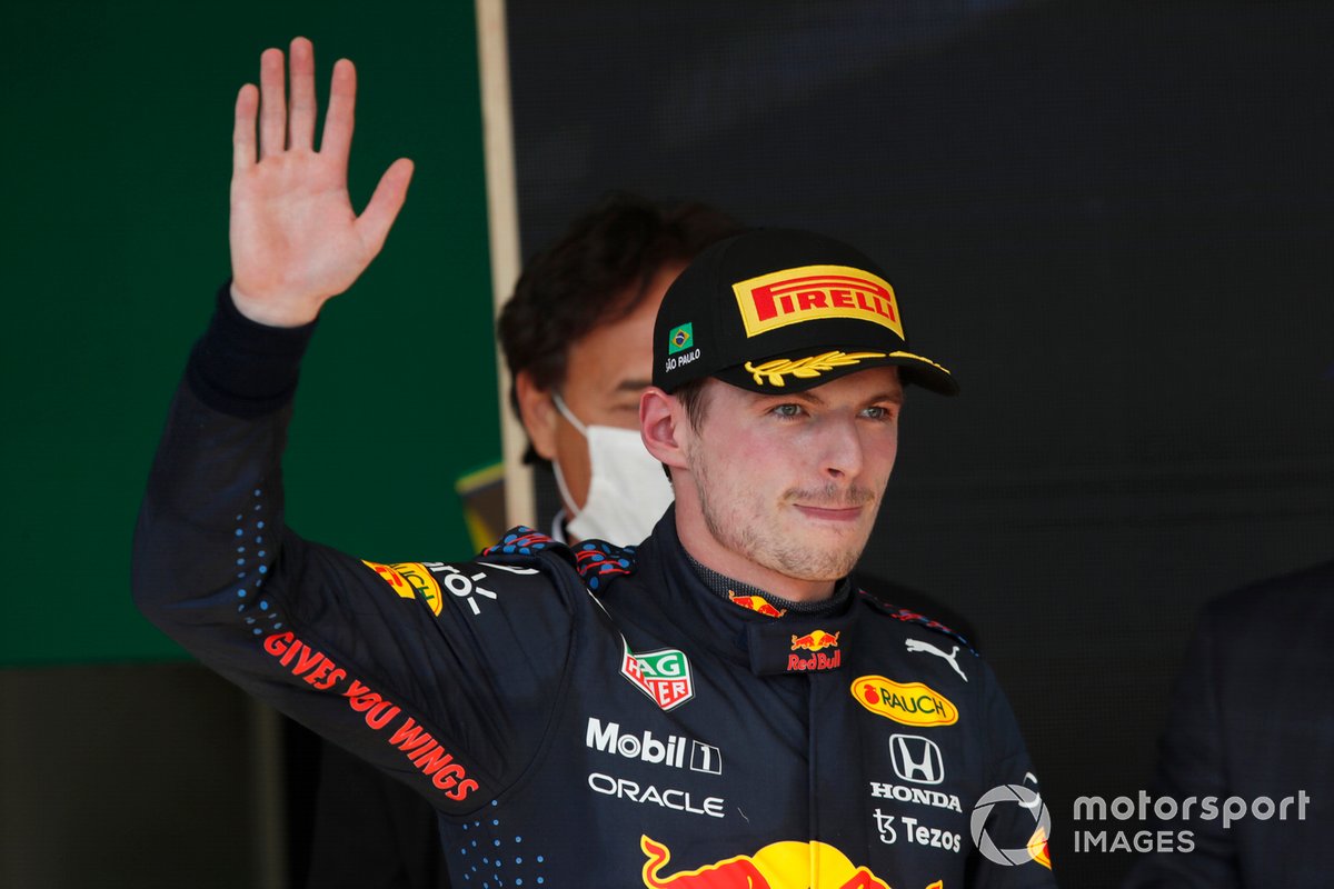 Max Verstappen, Red Bull Racing, 2nd position, arrives on the podium
