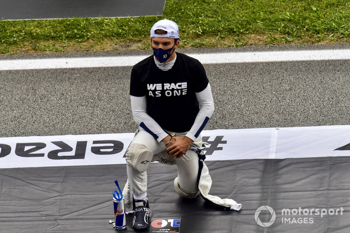 Pierre Gasly, AlphaTauri, takes a knee on the grid