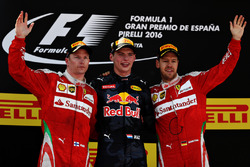 Max Verstappen, Red Bull Racing, Kimi Raikkonen, Scuderia Ferrari and Sebastian Vettel, Scuderia Ferrari celebrate