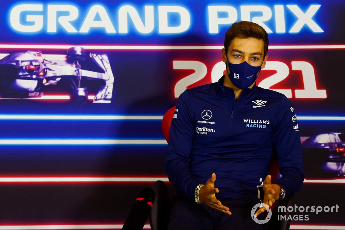 George Russell, Williams, dalam jumpa pers F1 GP Inggris 2021.