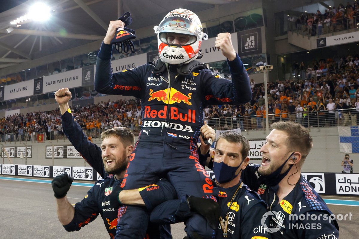 2021 drivers champion Max Verstappen, Red Bull Racing, 1st position, celebrates in Parc Ferme with his team