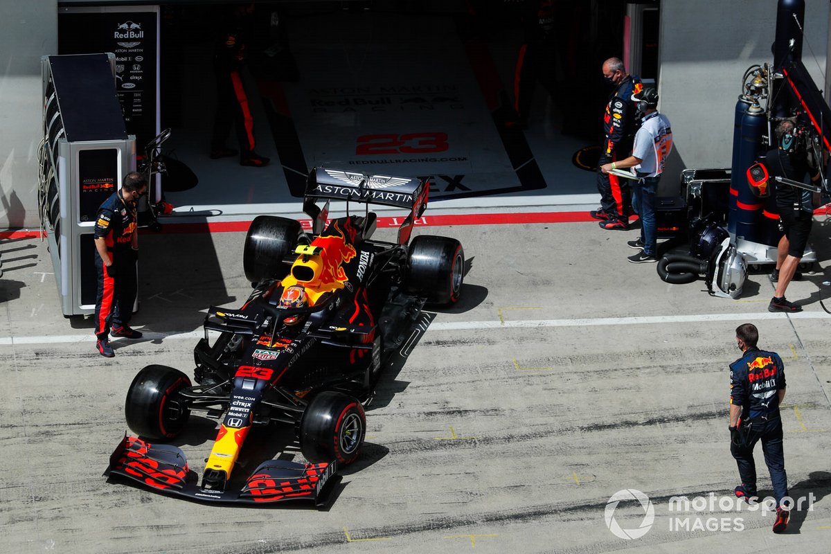 Alex Albon, Red Bull Racing RB16, exits his pit garage
