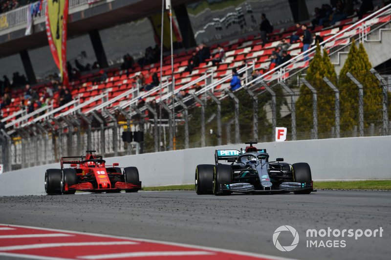 Valtteri Bottas, Mercedes F1 W11 EQ Performance, leads Charles Leclerc, Ferrari SF1000