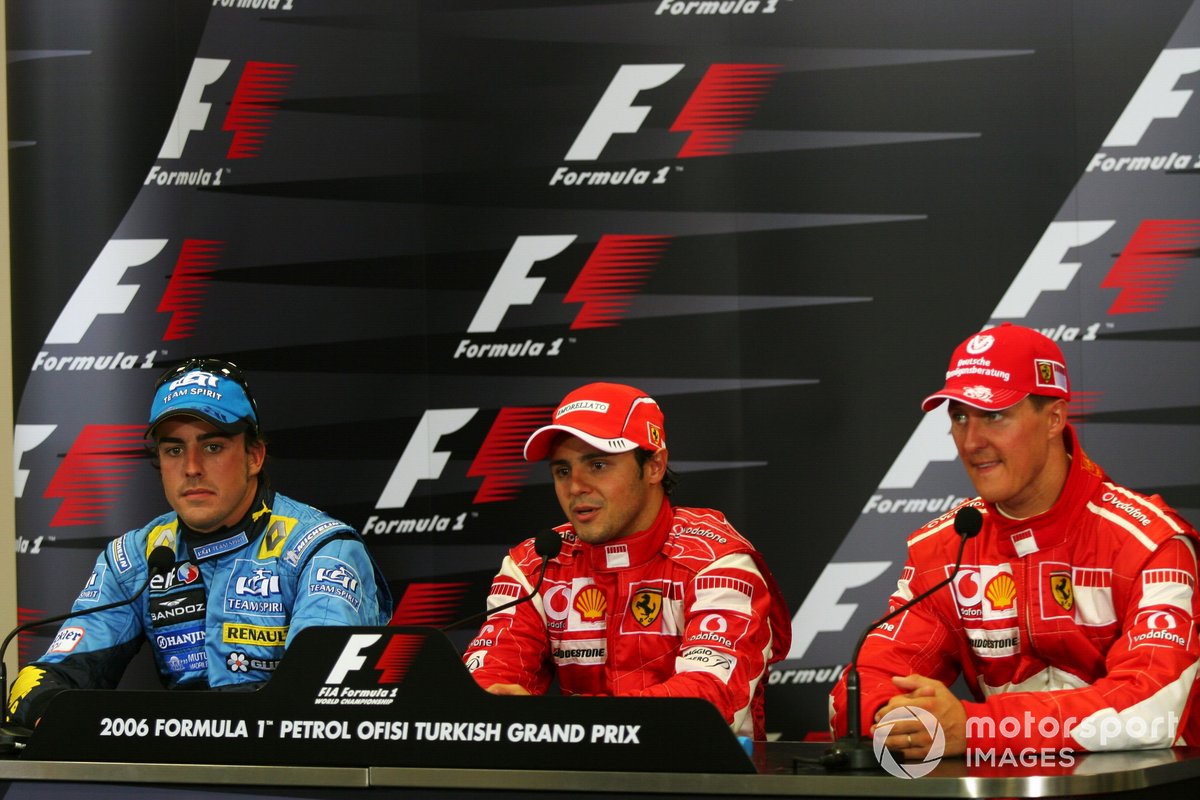 Konferensi pers setelah balapan F1 GP Turki 2006: Fernando Alonso, Renault, runner-up; Felipe Massa, Ferrari, pemenang; Michael Schumacher, Ferrari, posisi ketiga
