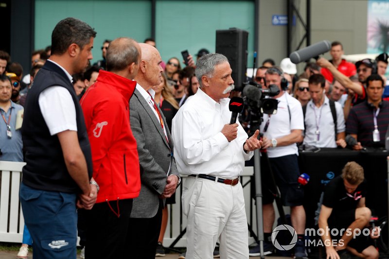 Chase Carey, Chairman, Formula 1 talks to the press