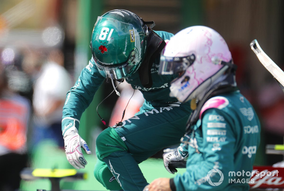 Lance Stroll, Aston Martin, and Sebastian Vettel, Aston Martin, in Parc Ferme
