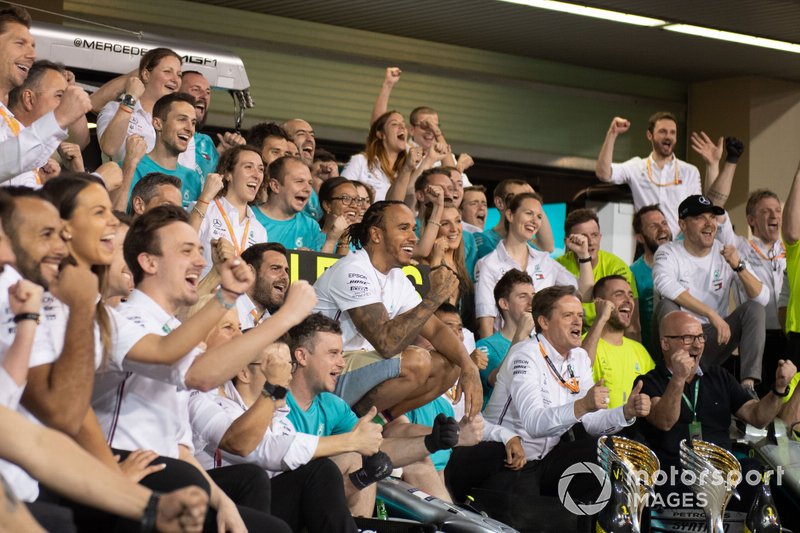 Lewis Hamilton, Mercedes AMG F1, 1st position and 2019 World Champion, celebrates with his team