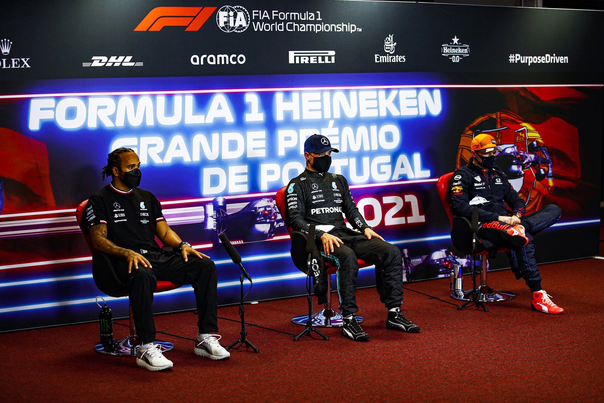Lewis Hamilton, Mercedes, pole man Valtteri Bottas, Mercedes, and Max Verstappen, Red Bull Racing, in the post Qualifying Press Conference