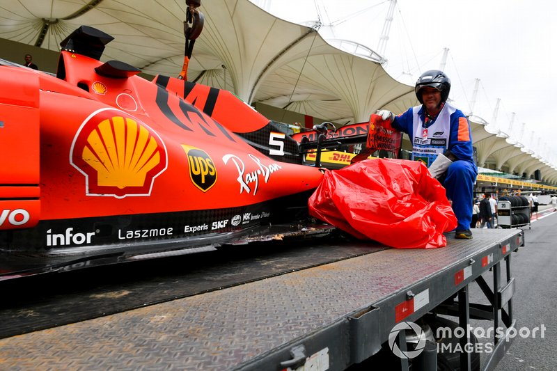 Damaged car of Sebastian Vettel, Ferrari SF90