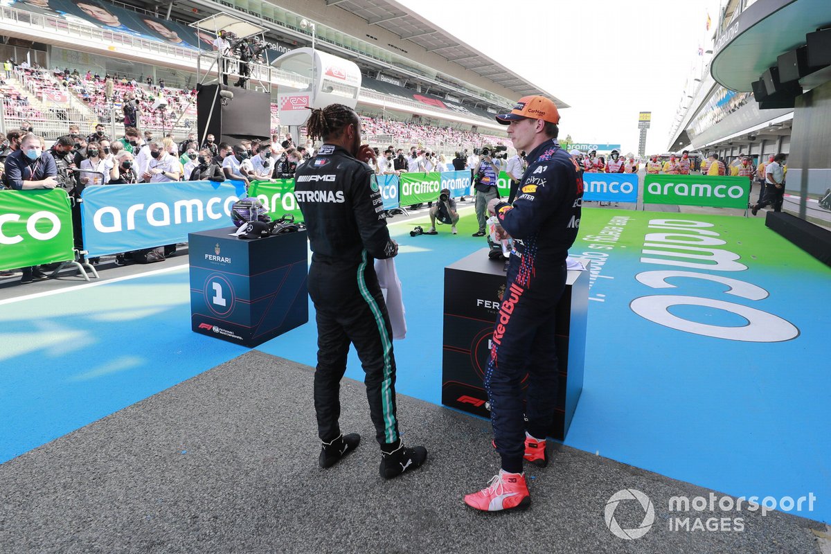 Yarış galibi Lewis Hamilton, Mercedes, 2. Max Verstappen, Red Bull Racing, Parc Ferme
