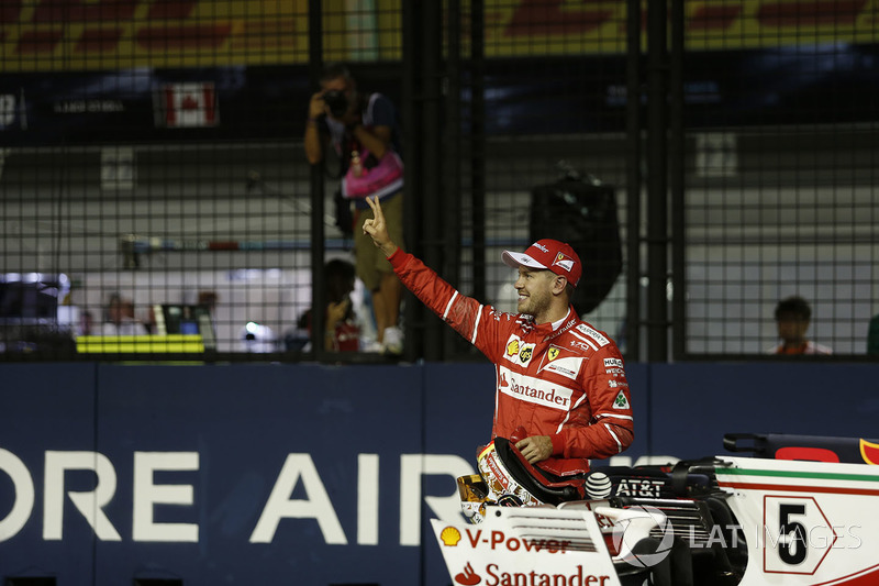 Pole sitter Sebastian Vettel, Ferrari celebrates in parc ferme