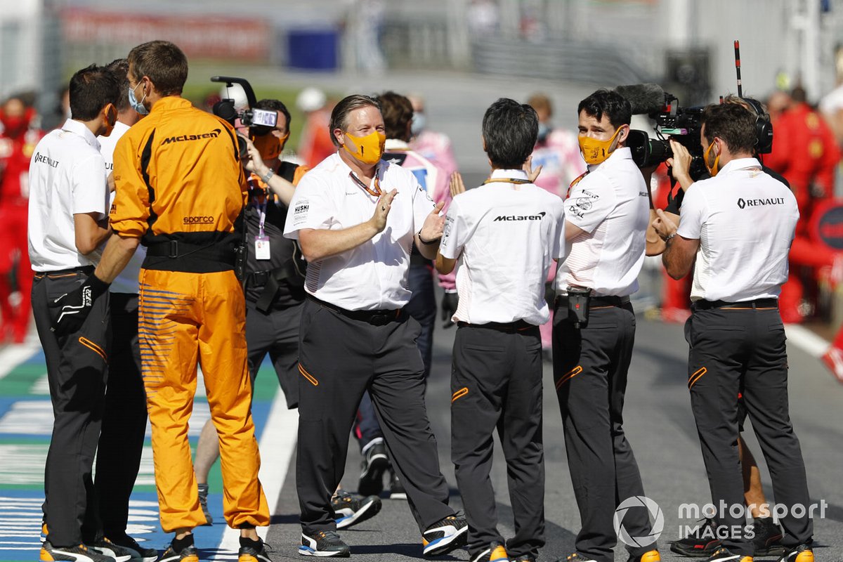 Zak Brown, Executive Director, McLaren, celebrates with the team