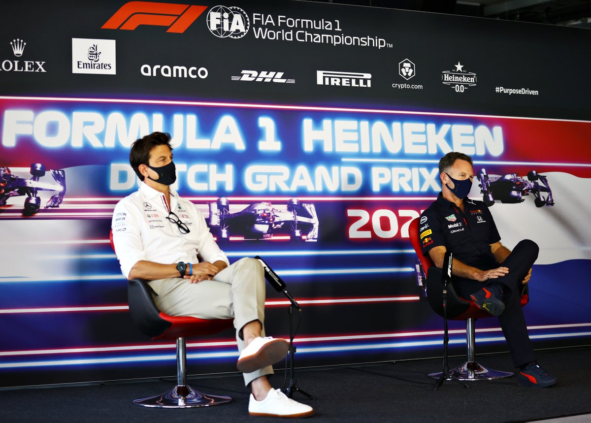Toto Wolff, Team Principal and CEO, Mercedes AMG, and Christian Horner, Team Principal, Red Bull Racing, in the team principals Press Conference