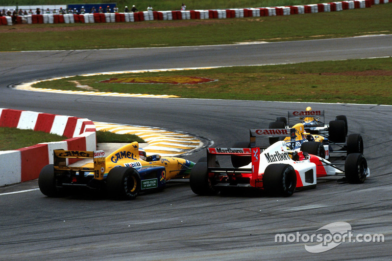 Riccardo Patrese, Williams FW14B, Nigel Mansell, Williams FW14B, Ayrton Senna, McLaren MP4/7A, Michael Schumacher, Benetton B191B