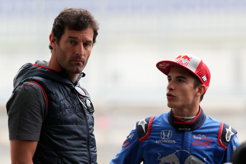 Marc Márquez, prueba un monoplaza Toro Rosso F1, con el ex piloto de Formula 1, Mark Webber