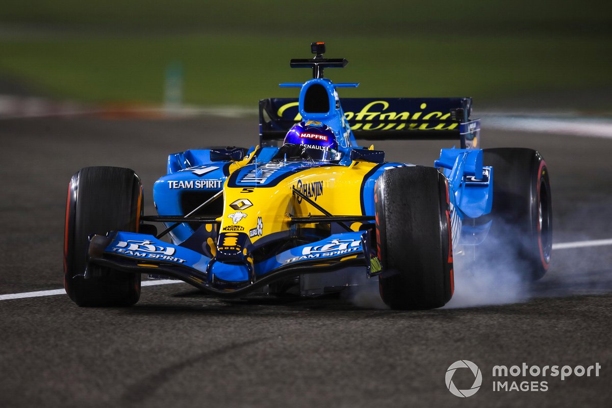 Fernando Alonso drives his 2005 Championship winning Renault F1 Team R25