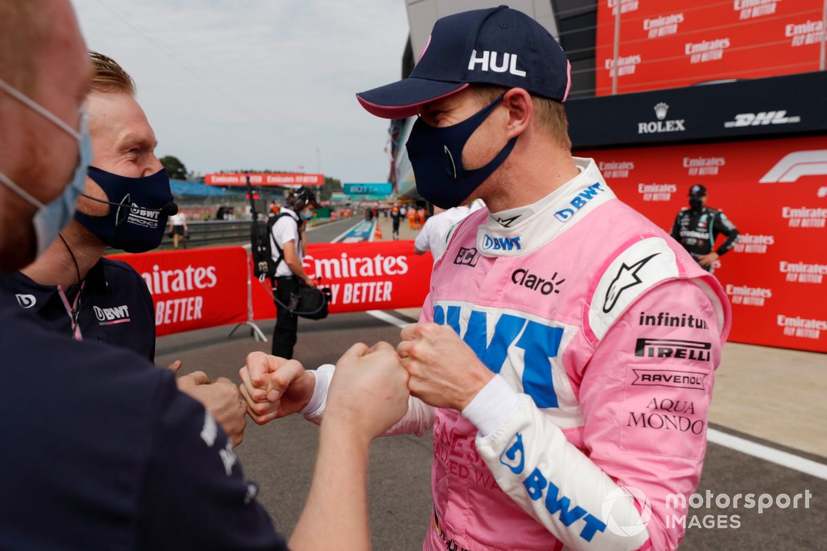 Nico Hulkenberg, Racing Point, celebrates qualifying in third place