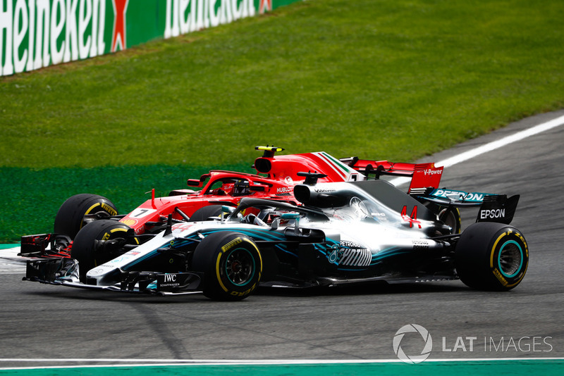 Lewis Hamilton, Mercedes AMG F1 W09, passes Kimi Raikkonen, Ferrari SF71H