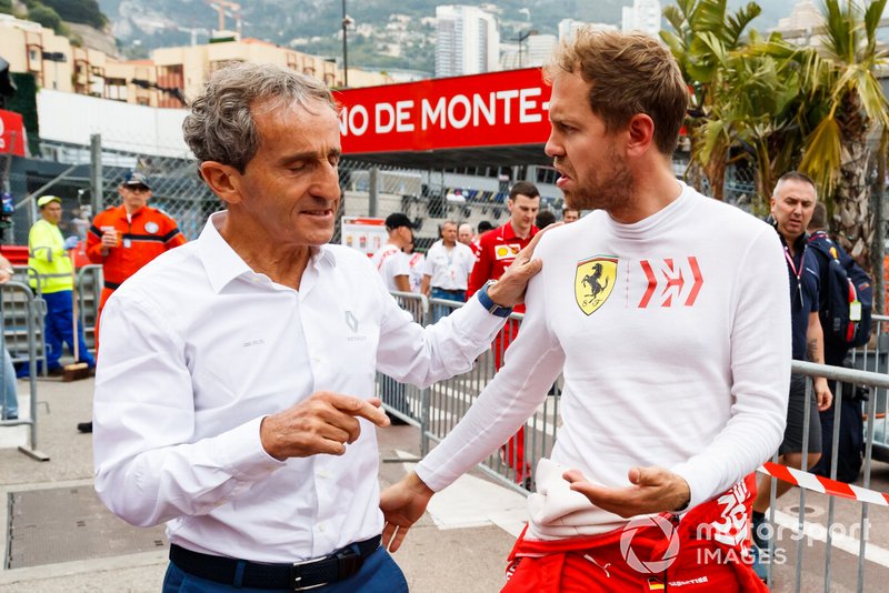 Alain Prost, Renault F1 Team, with Sebastian Vettel, Ferrari