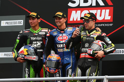 Podium: race winner Michael van der Mark, Pata Yamaha, second place Toprak Razgatlioglu, Kawasaki Puccetti Racing, third place Jonathan Rea, Kawasaki Racing