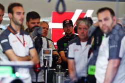 Kurt Busch, NASCAR Driver in the Haas F1 Team pit garage with Gene Haas, Haas Automotion President