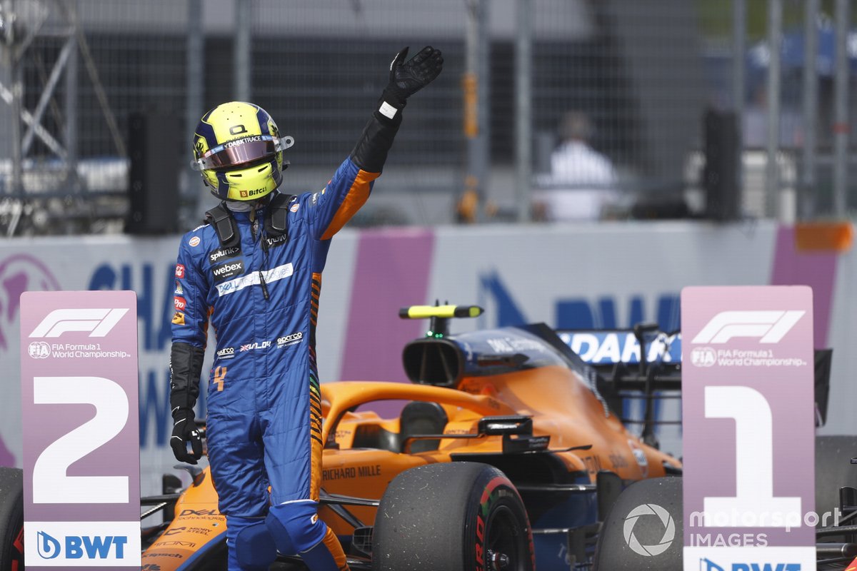 Front row starter Lando Norris, McLaren, celebrates on arrival in Parc Ferme