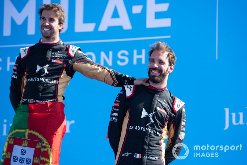 Race winner Antonio Felix da Costa, DS Techeetah celebrates on the podium with teammate Jean-Eric Vergne, DS Techeetah, 3rd position