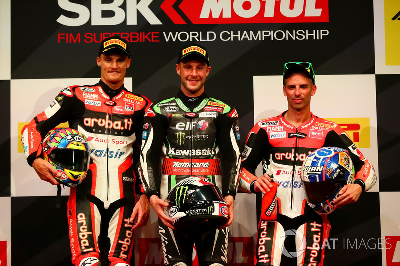 Podio: Ganador de la carrera Jonathan Rea, Kawasaki Racing, segundo lugar Chaz Davies, Ducati Team, tercer lugar Marco Melandri, Ducati Team