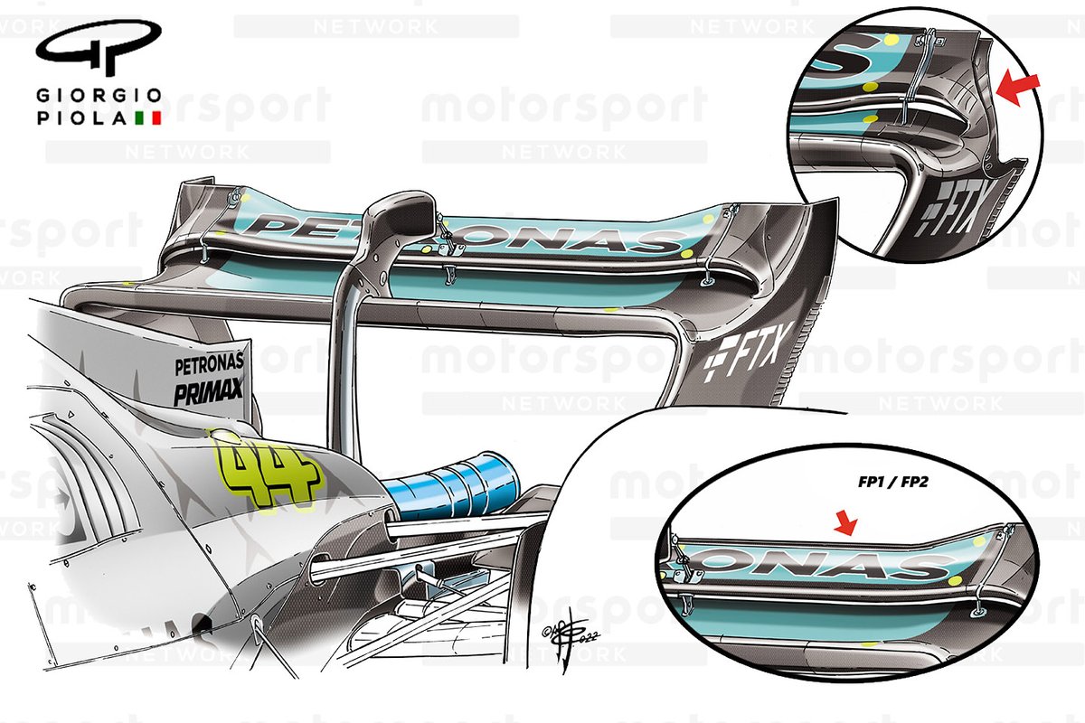 De achtervleugel van de Mercedes W13 voor de GP van Italië 2022.