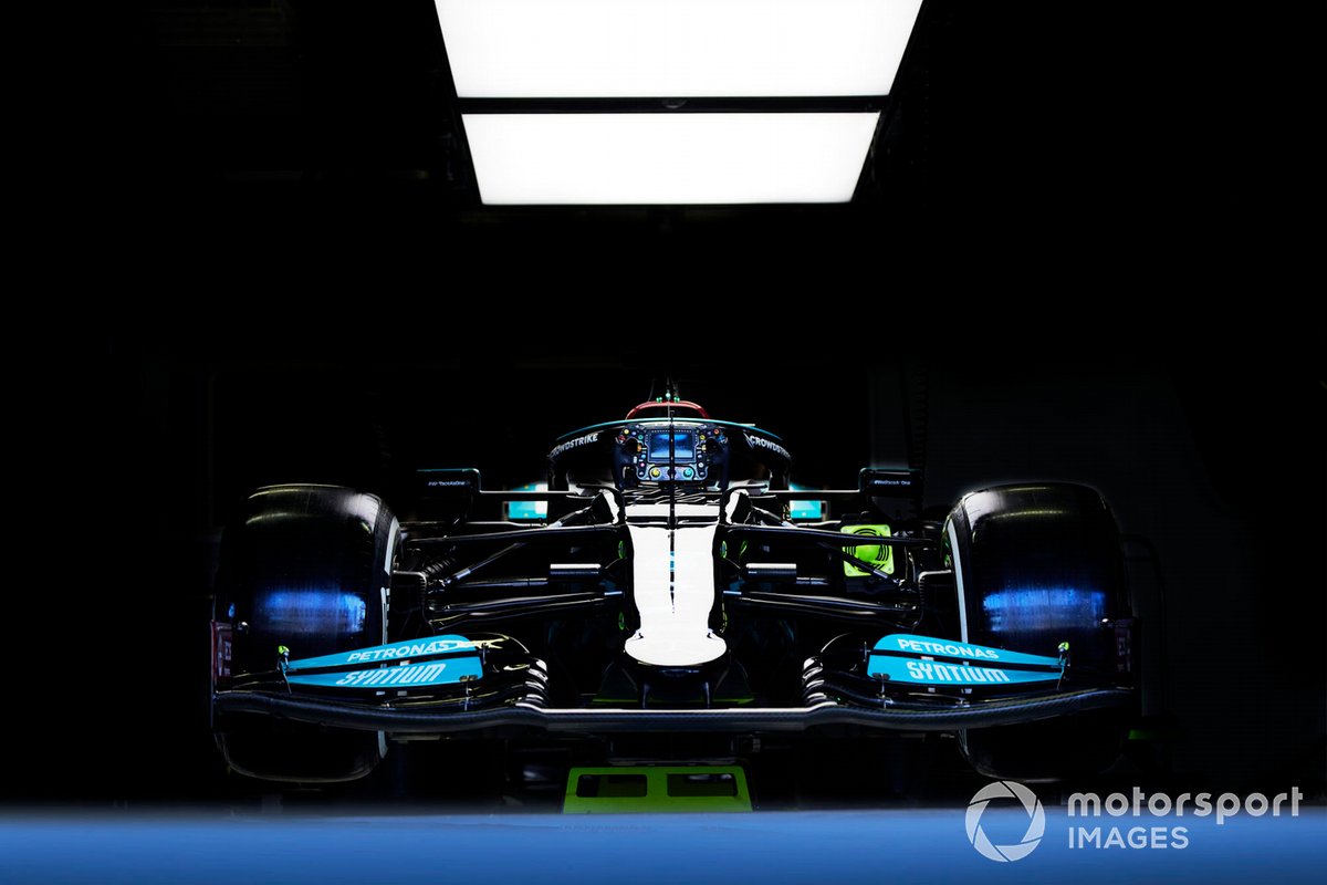 The car of Lewis Hamilton, Mercedes W12, in the garage