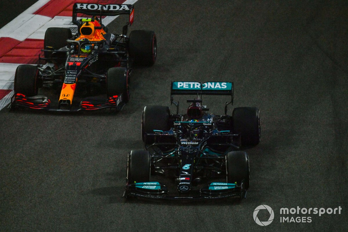 Lewis Hamilton, Mercedes W12, battles with Sergio Perez, Red Bull Racing RB16B