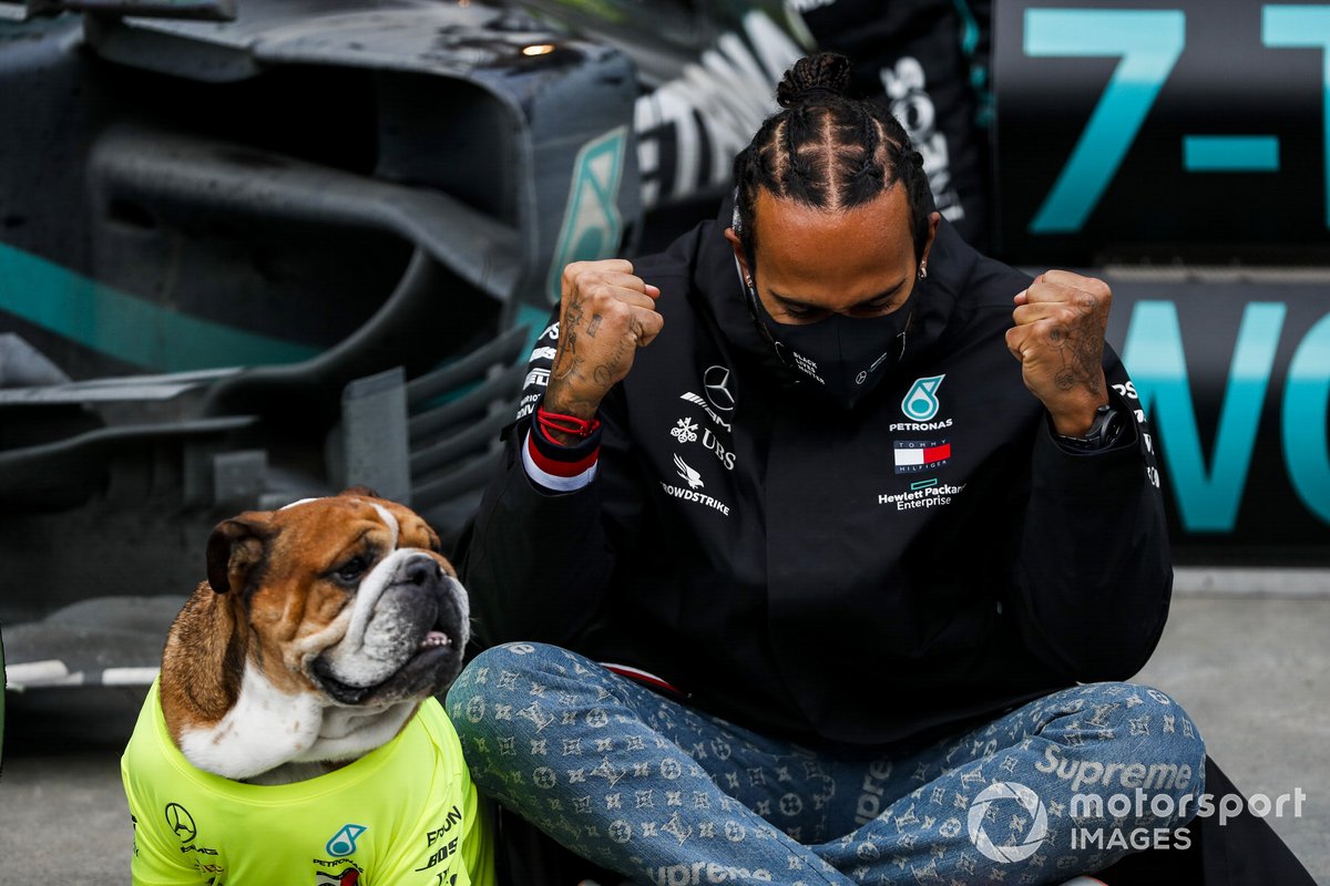 Lewis Hamilton, Mercedes-AMG F1, 1st position, his dog Roscoe, and the Mercedes team celebrate championship victory