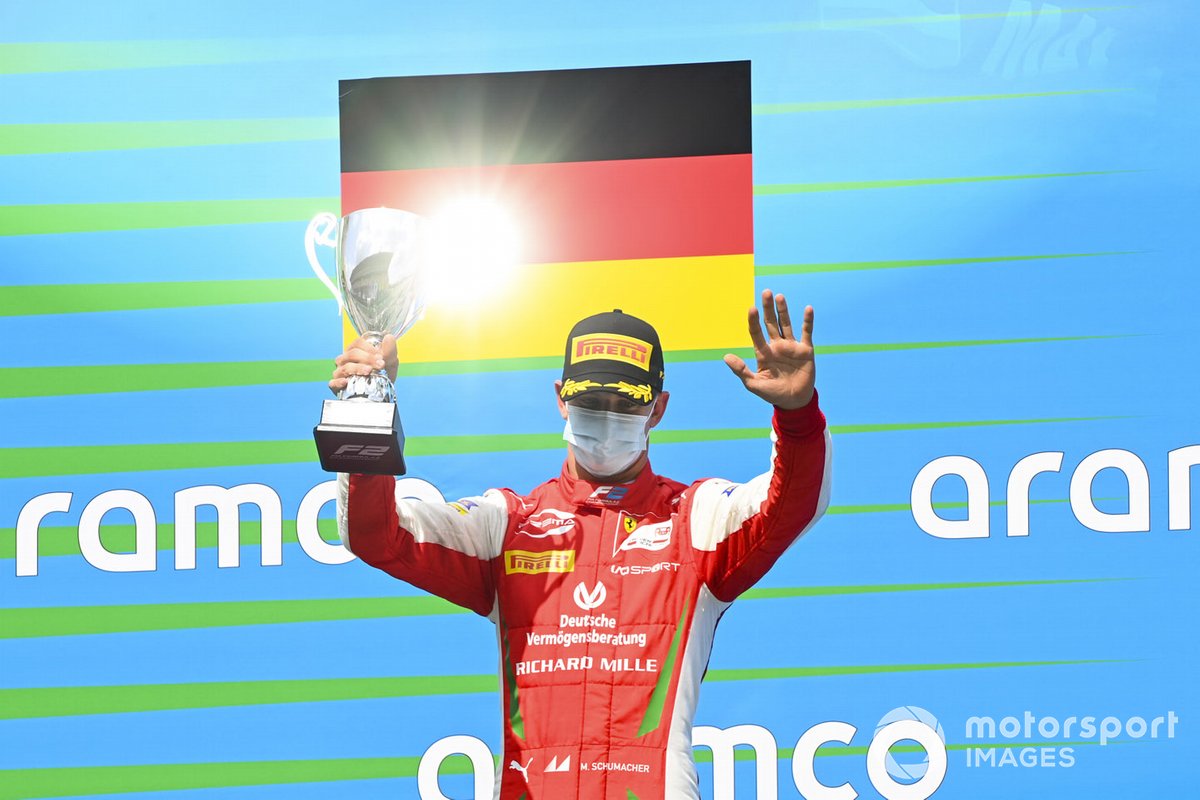 Mick Schumacher, Prema Racing celebrates on the podium with the trophy