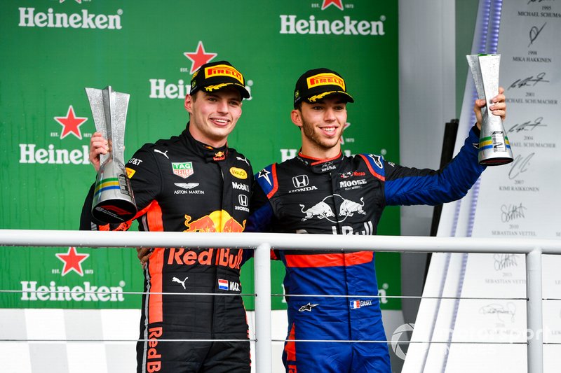 Race winner Max Verstappen, Red Bull Racing and Pierre Gasly, Toro Rosso celebrate on the podium