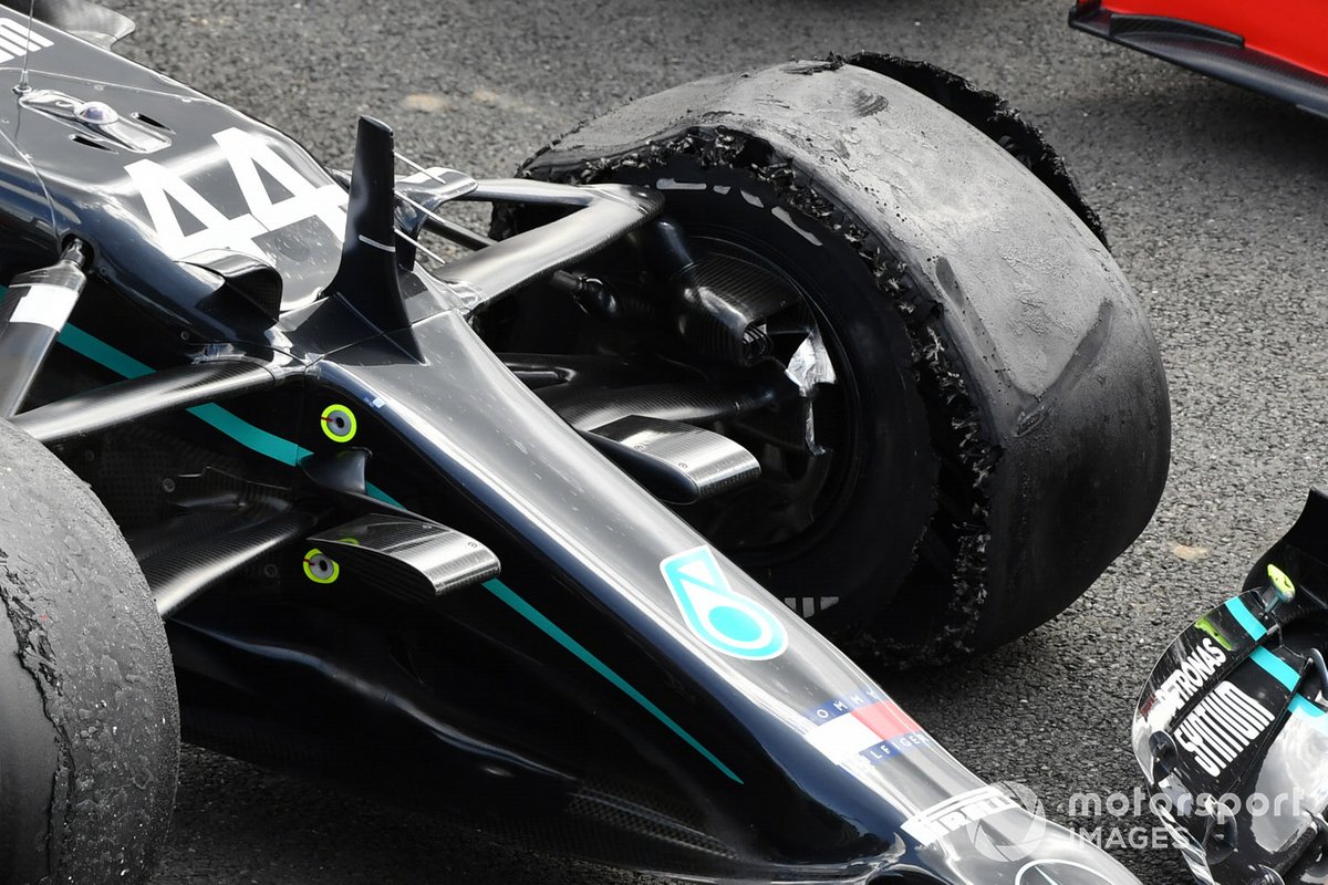 The punctured tyre of Lewis Hamilton, Mercedes F1 W11, 1st position, in Parc Ferme