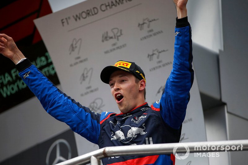 Daniil Kvyat, Toro Rosso, 3rd position, celebrates on the podium