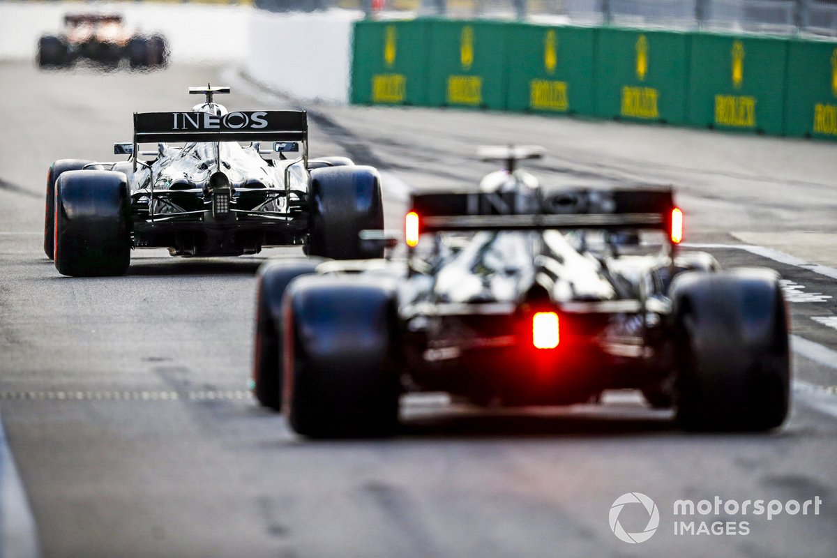 Valtteri Bottas, Mercedes F1 W11, Lewis Hamilton, Mercedes F1 W11, out of the pits