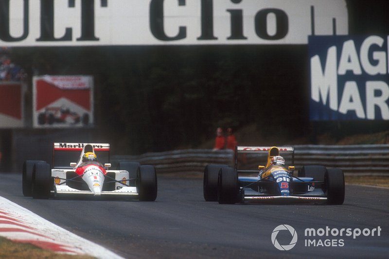 Nigel Mansell, Williams FW14 Renault dépasse Ayrton Senna, McLaren MP4/6 Honda