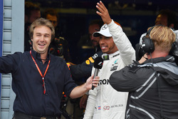 Pole sitter Lewis Hamilton, Mercedes AMG F1 talks, Davide Valsecchi, Sky Italia in parc ferme