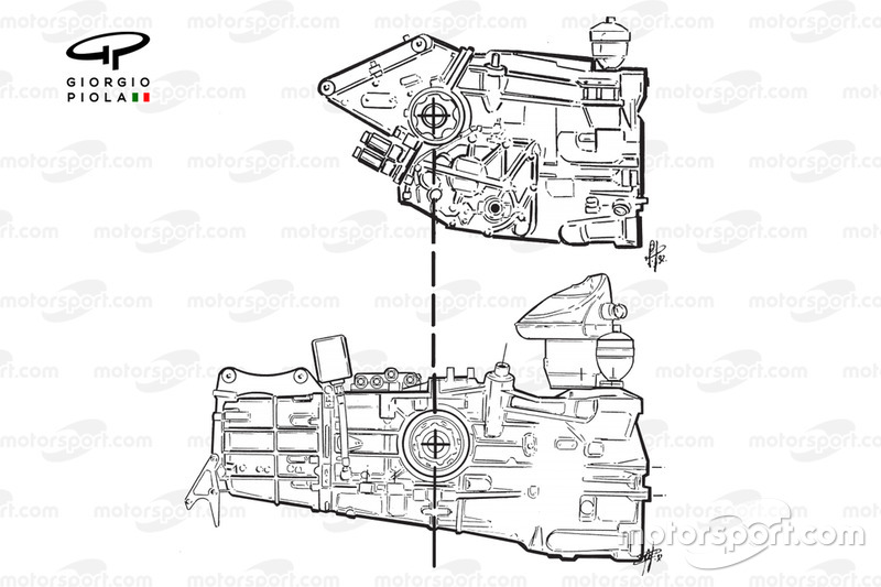 Ferrari F92 AT confronto del cambio trasversale con quello della F92A (sotto)