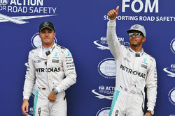 Polesitter Nico Rosberg, Mercedes AMG F1 in parc ferme with team mate Lewis Hamilton, Mercedes AMG F