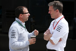 James Allison, Technical Director, Mercedes AMG F1, talks to a colleague