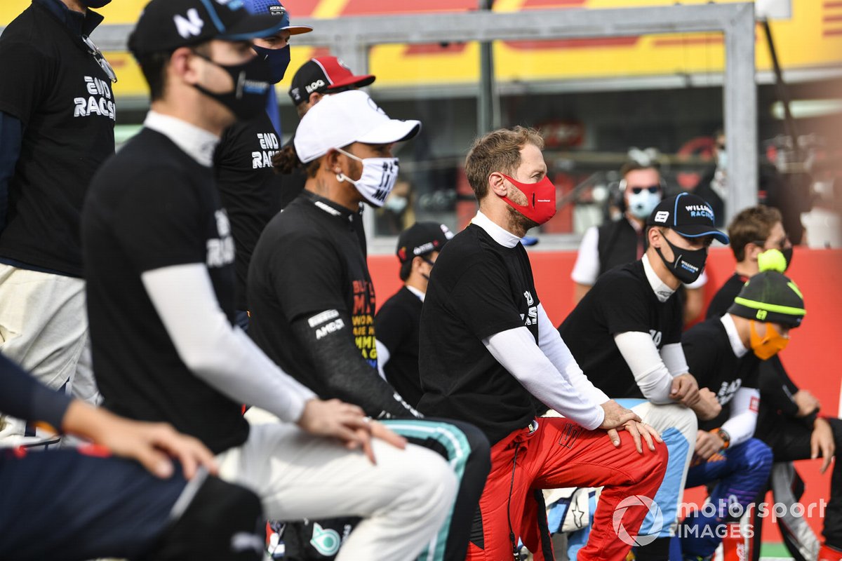 Lewis Hamilton, Mercedes-AMG F1, Sebastian Vettel, Ferrari, George Russell, Williams Racing, y otros pilotos.