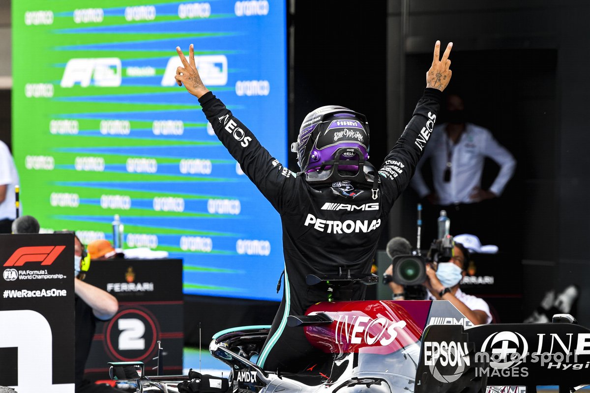 Lewis Hamilton, Mercedes, 1st position, celebrates on arrival in Parc Ferme