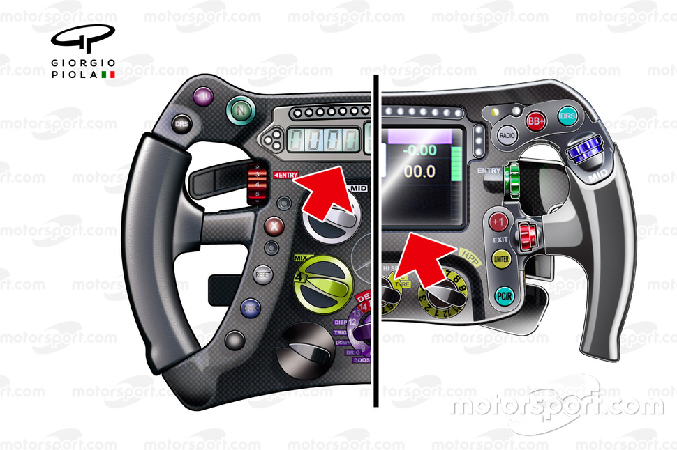 Comparación de los volantes del Mercedes W04, izquierda, con el Mercedes W05, derecha.