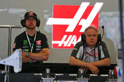 Kurt Busch, NASCAR Driver in the Haas F1 Team pit garage with Gene Haas, Haas Automotion President