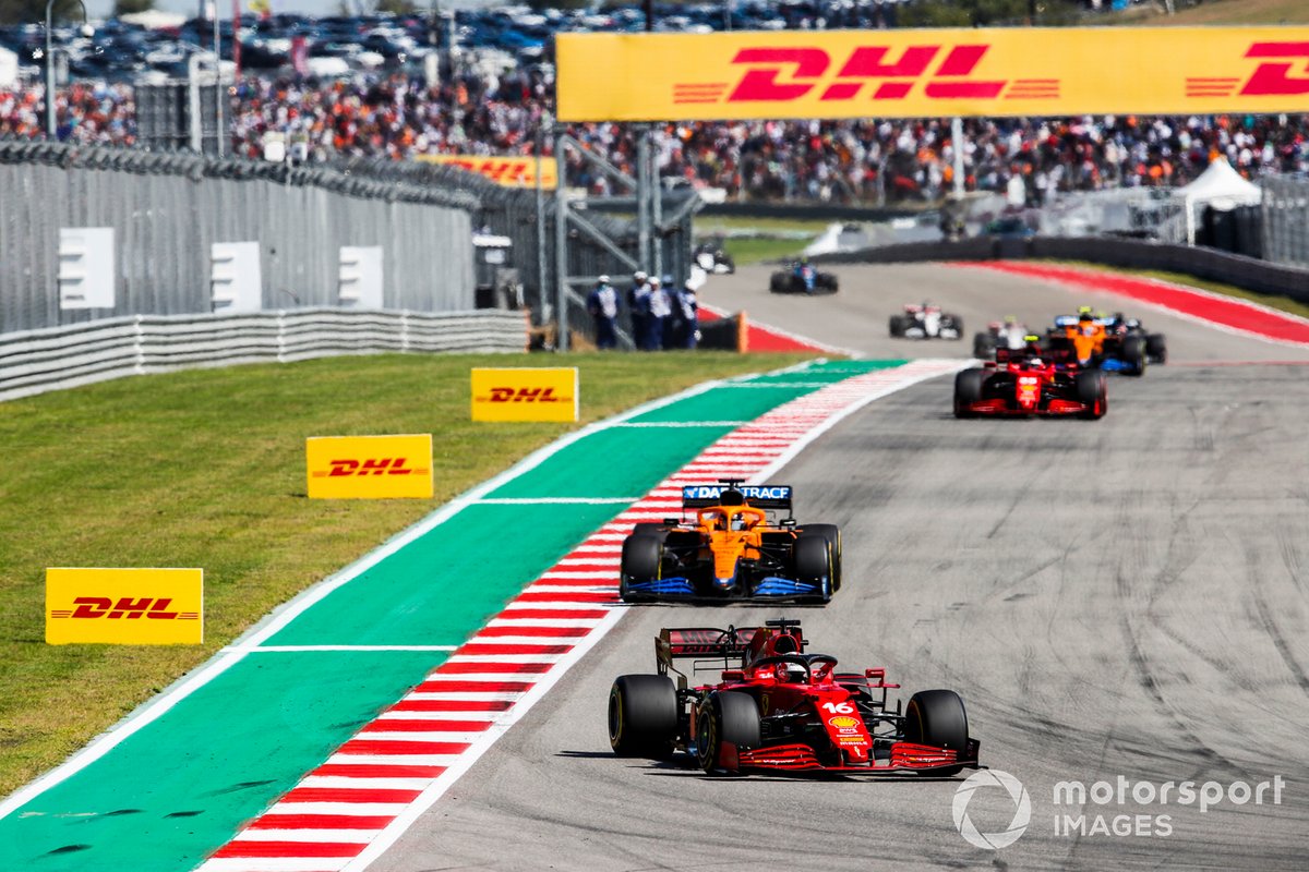 Charles Leclerc, Ferrari SF21, Daniel Ricciardo, McLaren MCL35M, and Carlos Sainz Jr., Ferrari SF21