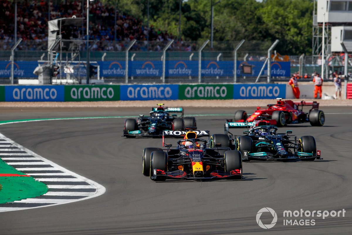 Max Verstappen, Red Bull Racing RB16B, Lewis Hamilton, Mercedes W12, Valtteri Bottas, Mercedes W12, and Charles Leclerc, Ferrari SF21