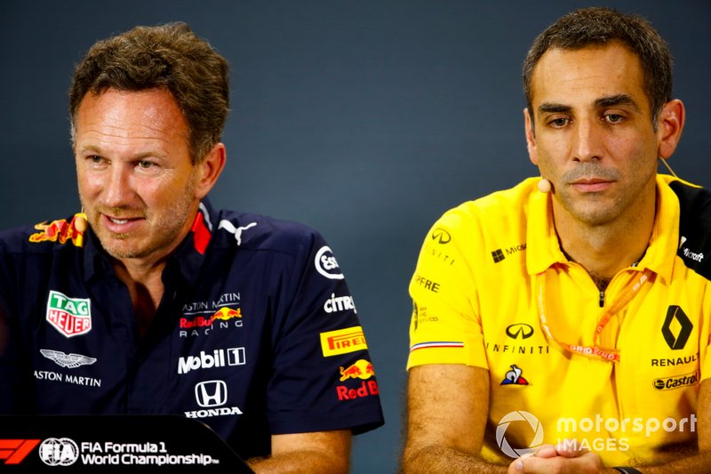 Christian Horner, Team Principal, Red Bull Racing, and Cyril Abiteboul, Managing Director, Renault F1 Team, in the Press Conference
